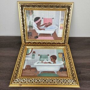 Emani Wilson Signed Framed Oil Paintings Children Bath Time Gold Frame Vintage